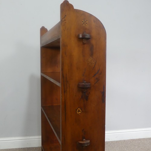 441 - An Arts and Crafts oak open Bookcase, of pegged construction, with small marquetry patchwork, W 67.5... 