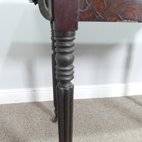 572 - A Regency mahogany card Table, raised on reeded column legs and brass castors, W 91.5 cm x H 74 cm x... 