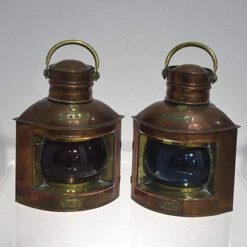 A pair of antique copper and brass marine Navigation Lamps, for 'Port' and 'Starboard', maker's label for ''A. T. Chamberlain & co''(2)