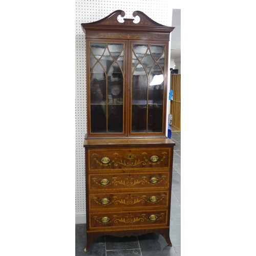 435 - A fine Edwardian mahogany secretaire Bookcase, in George III style, top and base both heavily inlaid... 