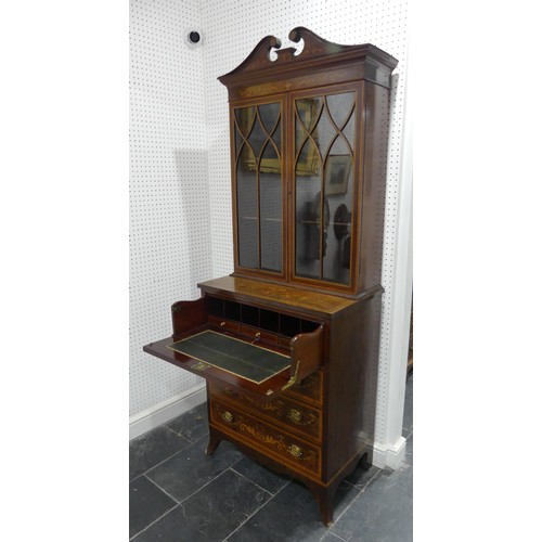 435 - A fine Edwardian mahogany secretaire Bookcase, in George III style, top and base both heavily inlaid... 