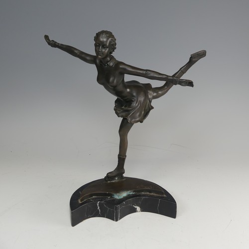 376 - An Art Deco style bronze and resin Figure of a young girl skating, signed 'Preifs', mounted upon mar... 