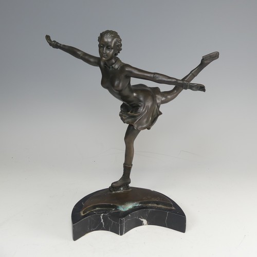 376 - An Art Deco style bronze and resin Figure of a young girl skating, signed 'Preifs', mounted upon mar... 