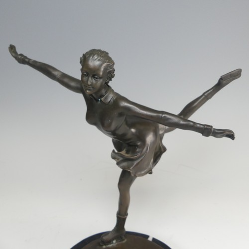 376 - An Art Deco style bronze and resin Figure of a young girl skating, signed 'Preifs', mounted upon mar... 