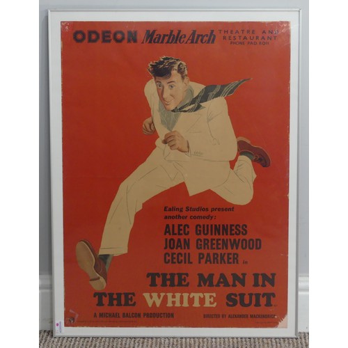 The Man in the White Suit (1951) Poster, British, designed by S. John Woods (1915-1997) with drawings by A.R.Thomson, printed by Graphic Reproductions Ltd., with logo lower left, produced for the Odeon Marble Arch, Unframed approx. 'Liftbill' Size 22½x 16½in. (57 x 42cm), framed and glazed, folded through centre as issued, pin holes, edge tears and losses to corners.