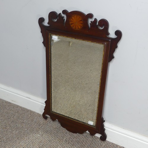 440 - An antique mahogany Georgian style fret cut inlaid Wall Mirror, rectangular bevelled mirror plate wi... 