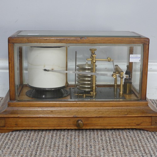 386 - An early 20th century Barograph, the oak case with bevelled glass and chart drawer, W 36 cm x H 20 c... 