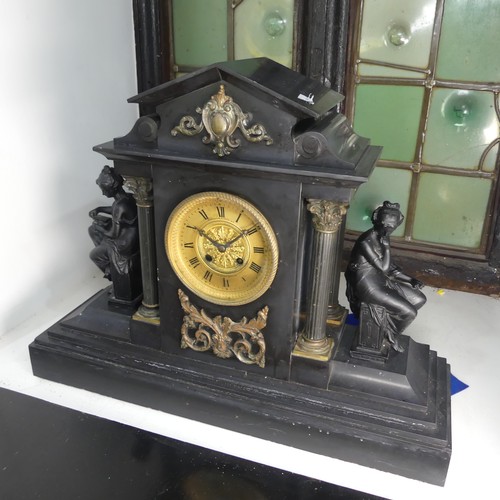 383 - A large Victorian slate mantle Clock by Howell & James Ltd, with metal garnitures to either side... 