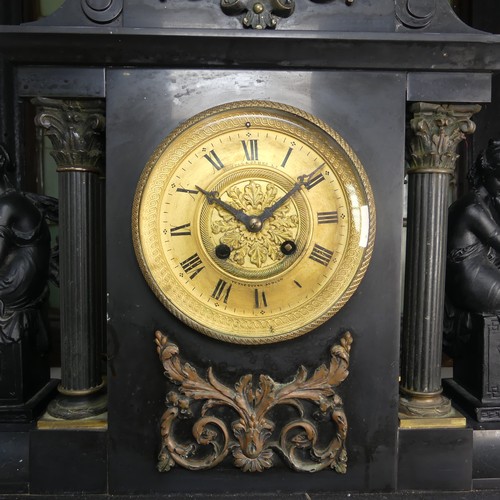 383 - A large Victorian slate mantle Clock by Howell & James Ltd, with metal garnitures to either side... 