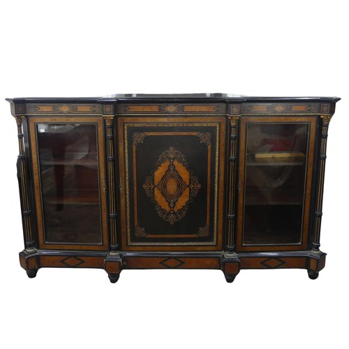 492 - A good Victorian ebonised, marquetry and walnut banded breakfront Credenza, shaped top above detaile... 