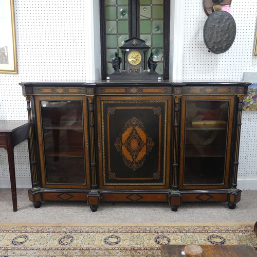 492 - A good Victorian ebonised, marquetry and walnut banded breakfront Credenza, shaped top above detaile... 