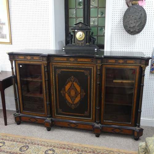 492 - A good Victorian ebonised, marquetry and walnut banded breakfront Credenza, shaped top above detaile... 