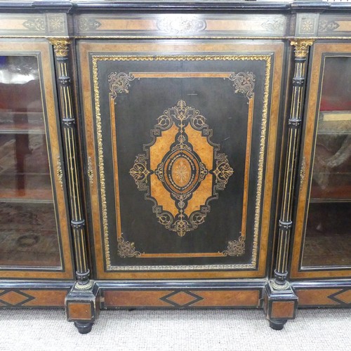 492 - A good Victorian ebonised, marquetry and walnut banded breakfront Credenza, shaped top above detaile... 