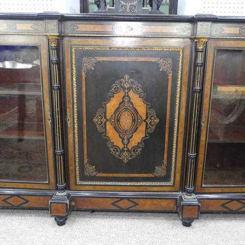 492 - A good Victorian ebonised, marquetry and walnut banded breakfront Credenza, shaped top above detaile... 