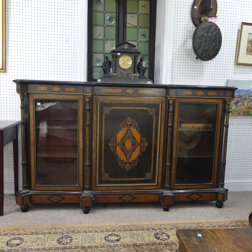 492 - A good Victorian ebonised, marquetry and walnut banded breakfront Credenza, shaped top above detaile... 