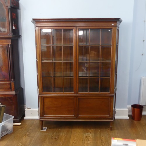 504 - A large Edwardian mahogany inlaid glazed display Cabinet, moulded geometric cornice above two glazed... 