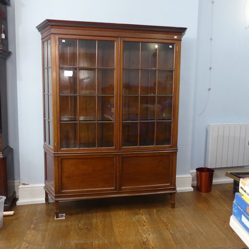 504 - A large Edwardian mahogany inlaid glazed display Cabinet, moulded geometric cornice above two glazed... 