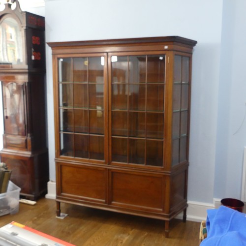 504 - A large Edwardian mahogany inlaid glazed display Cabinet, moulded geometric cornice above two glazed... 