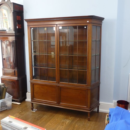 504 - A large Edwardian mahogany inlaid glazed display Cabinet, moulded geometric cornice above two glazed... 