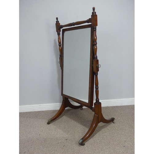 449 - An antique Regency style mahogany Cheval Mirror, rectangular mirror plate, with ring turned supports... 