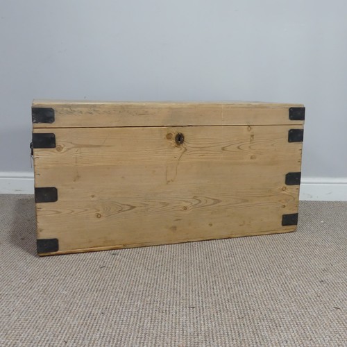 552 - An antique stripped pine and iron bound Blanket Box, W 92 cm x H 48.5 cm x D 49 cm.