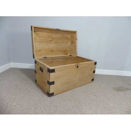 552 - An antique stripped pine and iron bound Blanket Box, W 92 cm x H 48.5 cm x D 49 cm.