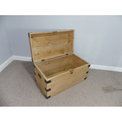 552 - An antique stripped pine and iron bound Blanket Box, W 92 cm x H 48.5 cm x D 49 cm.