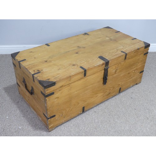 502 - A large antique pine and metal bound Trunk, metal lined, W 107 cm x H 43 cm x D 54 cm.... 