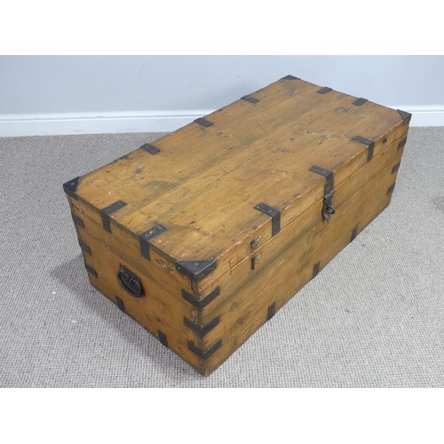 499 - A large antique metal bound pine Trunk, metal lined, W 108 cm x H 41 cm x D 54 cm.