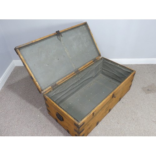 499 - A large antique metal bound pine Trunk, metal lined, W 108 cm x H 41 cm x D 54 cm.