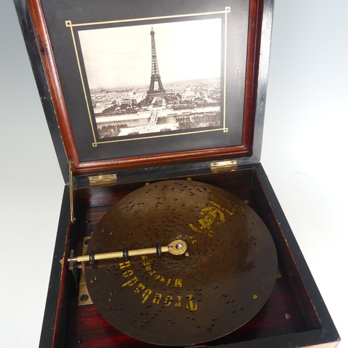 158 - A late 19th century walnut cased Polyphon, with decorative hinged lid, the inside lid with photograp... 