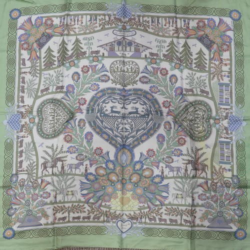 312 - Two Hermès silk twill scarves: both 'Decoupages', designed by Anne Rosat, one with pale green ground... 