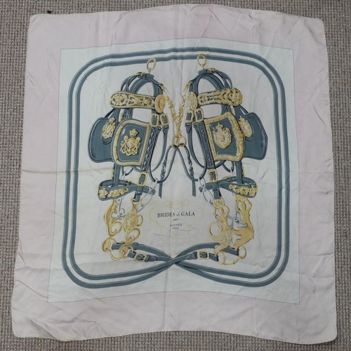 313 - Two Hermès silk twill scarves: Carriage design blue with yellow border, and 'Brides de Gala', grey w... 