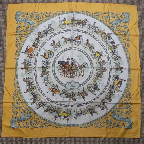 318 - A Hermès silk twill scarf: 'La Promenade De Longchamps', designed by Philippe Ledoux, on cream groun... 