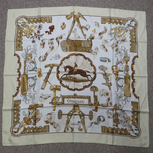 320 - Two Hermès silk twill scarves: 'The Bull & Mouth, Regents Circus Picadilly', cream ground with b... 