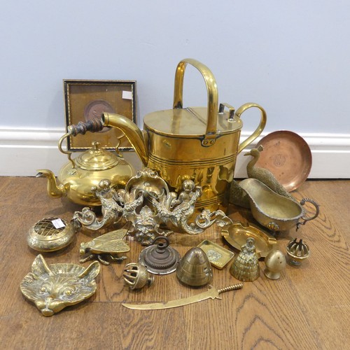 518 - A Victorian brass watering Can, base stamped 'JS&SB', W 36 cm x H 32.5 cm x D 16 cm, together wi... 