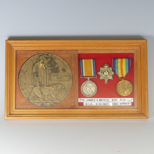 223 - A WW1 Devonshire memorial Plaque 'Death Penny', awarded to the family of 'James Arthur Moyle' K.I.A.... 