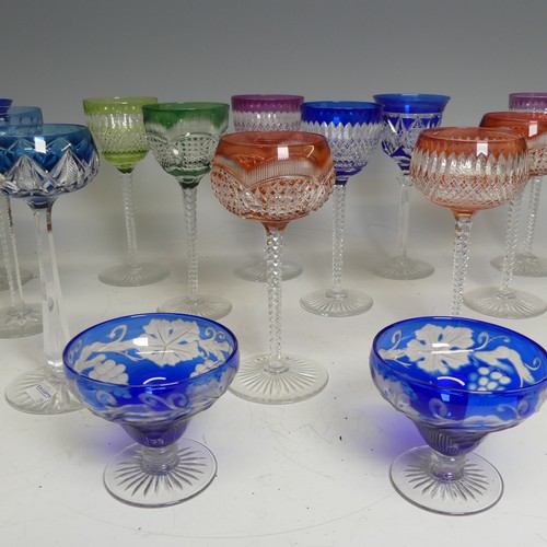 367 - A quantity of mid 20th century circa 1950s coloured bohemian cut hock Glasses, to include the colour... 