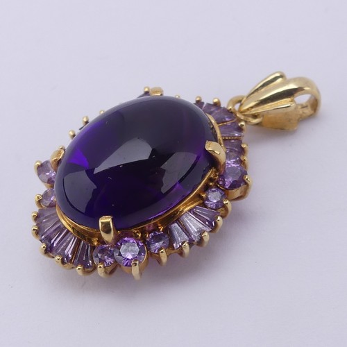 221 - A cabochon amethyst Pendant, the oval central amethyst approx. 17.5mm long, above a surround of pale... 