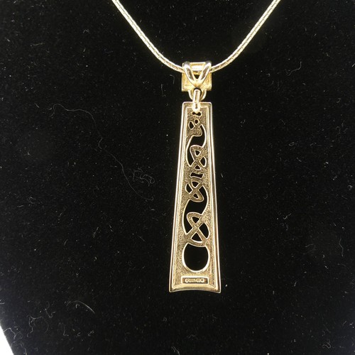 223 - Ola Gorie; a Scottish 9ct yellow gold Pendant, the plaque pierced with Celtic design, 4.5cm long, on... 