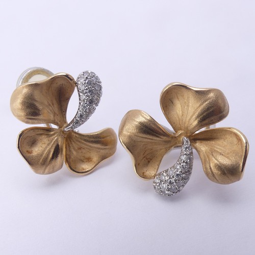 306 - A pair of 18ct gold and diamond Shamrock Earrings, the pavé set diamond stem with three matt ... 