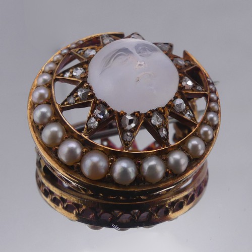 308 - A Victorian 'Man-in-the-Moon' Brooch, the central carved moonstone, 11mm diameter, within a star and... 