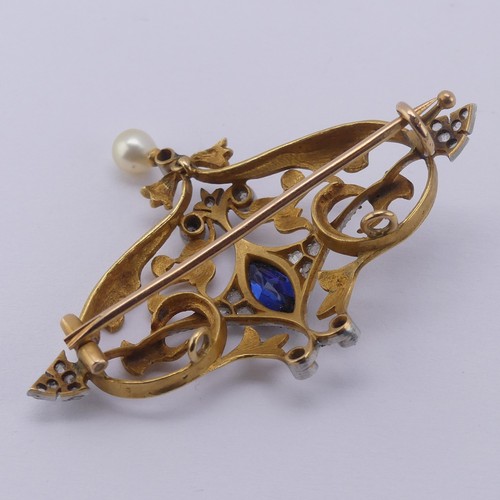 310 - An Art Nouveau sapphire and diamond Brooch, the central marquise sapphire approx. 8.6mm long, in a s... 