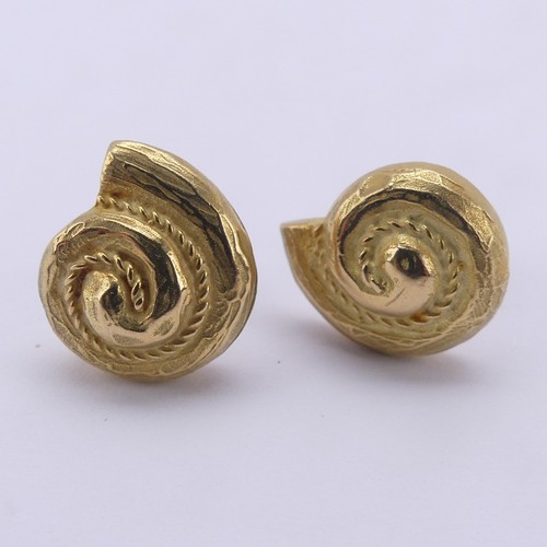 311 - A pair of 18ct yellow gold shell Earrings, 13mm wide, approx. total weight 5.5g, marked on the pilla... 