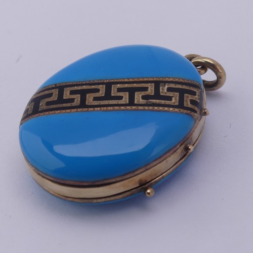 235 - A Victorian oval hinged Locket, the front and reverse with turquoise blue enamel and a band of black... 