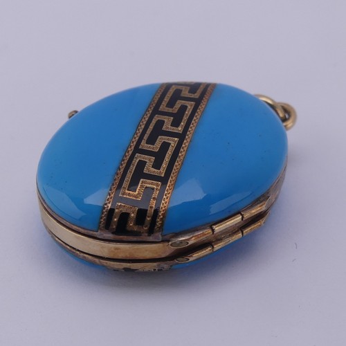 235 - A Victorian oval hinged Locket, the front and reverse with turquoise blue enamel and a band of black... 