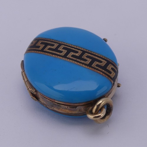 235 - A Victorian oval hinged Locket, the front and reverse with turquoise blue enamel and a band of black... 