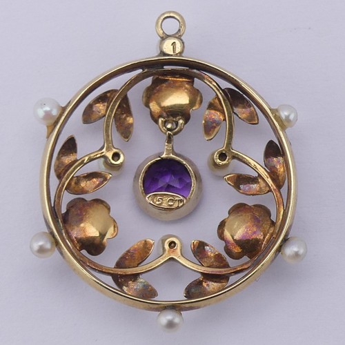 237 - An Edwardian amethyst and seed pearl Pendant, of open circular foliate design with central facetted ... 