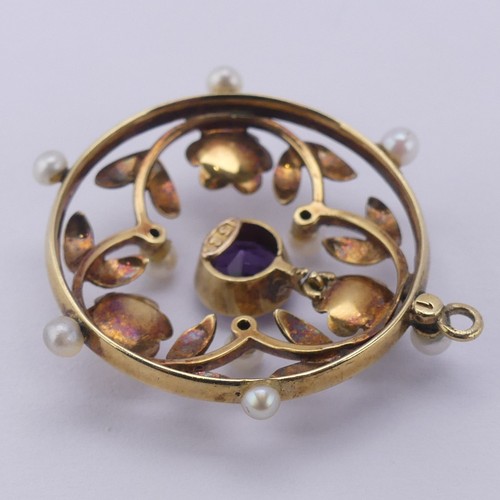 237 - An Edwardian amethyst and seed pearl Pendant, of open circular foliate design with central facetted ... 