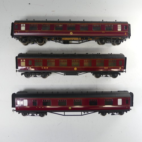 41 - Six ‘0’ gauge LMS bogie Passenger Coaches, possibly Exley or similar, in LMS maroon with yellow lett... 